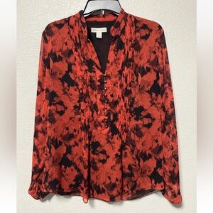 Coldwater Creek Blouse L14 Red Black Floral Print Long Sheer Sleeve Pleat Detail